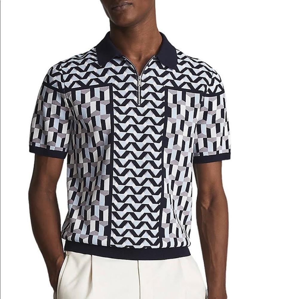 Reiss Egon Geometric Zip Neck Polo Shirt, Blue